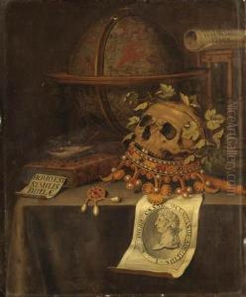 A Vanitas Still Life With A 
Skull In A Jewelled Crown, Anastrological Globe, An Hourglass, A Book, A
 Shell With Soap Bubblesand A Portrait Of The Emperor Augustus On A 
Draped Table Oil Painting by Edwart Collier