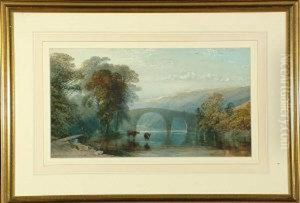 A Broad River Valley With Cattle
 In The Foreground And Figures On A Bridge In The Middle Distance. Oil Painting by William Collingwood Smith