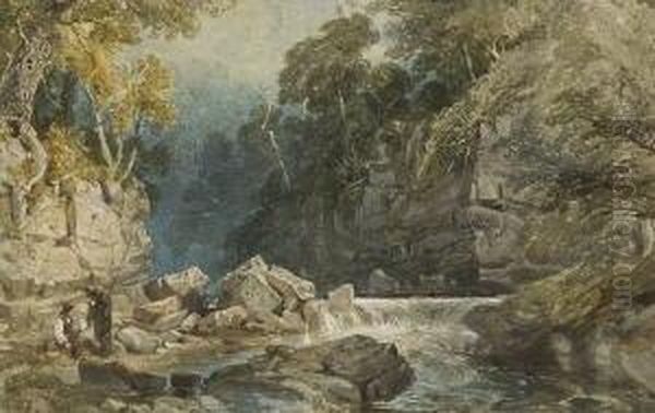 Zwei Angler Am Ufer Eines
 Gebirgsbaches. Oil Painting by William Collingwood Smith