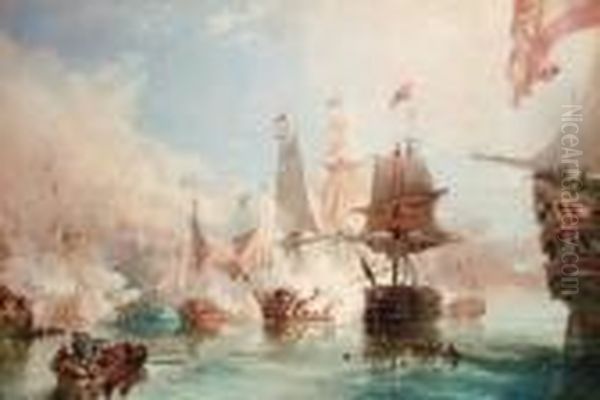 The Opening Encounter At 
Trafalgar: H.m.s. Royal Sovereign Engagingthe Spanish Flagship Santa Ana Oil Painting by William Collingwood Smith