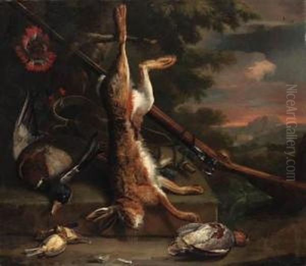 Still Life Of Dead Game, With A 
Hare, A Mallard, An Englishpartridge And Other Birds With A Gun By A 
Tree, In A Woodedlandscape Oil Painting by Charles Collins