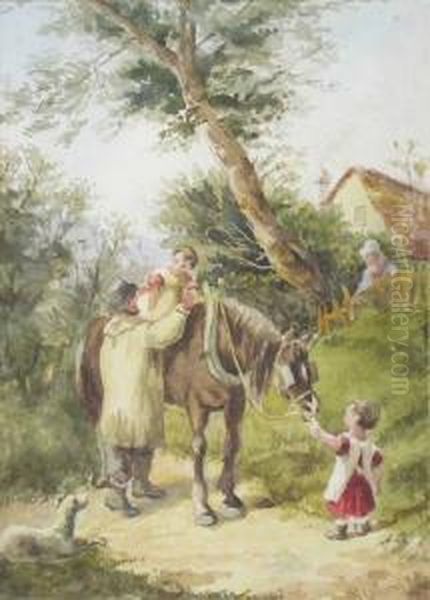 Horse With Man And Children Oil Painting by William Collins