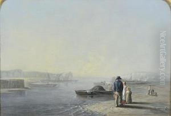 Figures On The Shore, Wth Laden 
Rowing Boats And Distant Sailing Vessels, Signed, Oil On Canvas Oil Painting by William Collins