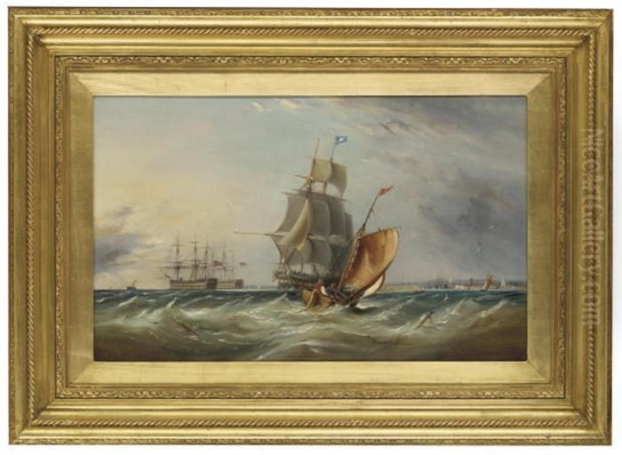 A Frigate Heading Out Of 
Portsmouth Harbour With Two Largefirst-rates Anchored In The Solent Oil Painting by Ebenezer Colls
