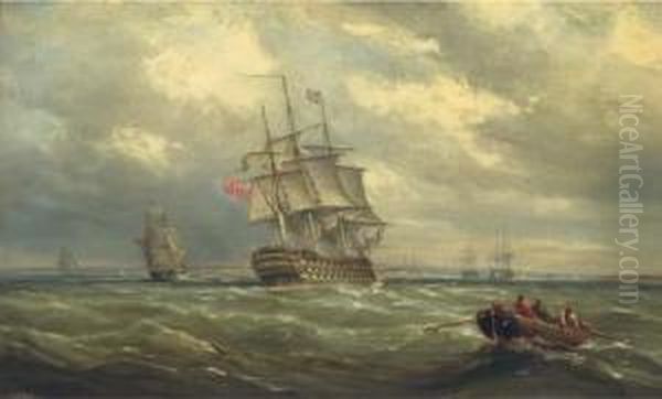 A Three-decker Reducing Sail In 
Spithead In Preparation For Herarrival Into Portsmouth Harbour Oil Painting by Ebenezer Colls