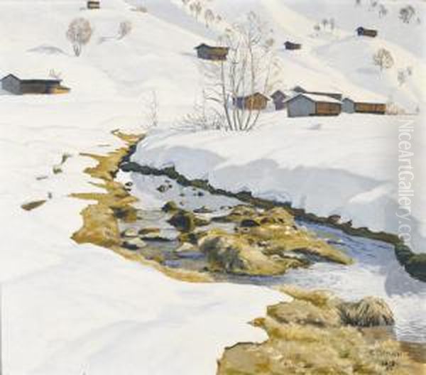 Sonnige Landschaftspartie Mit Bach Im Winter. Oil Painting by Plinio Colombi