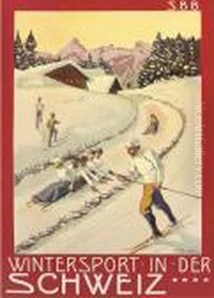 Wintersport In Der Schweiz Oil Painting by Plinio Colombi