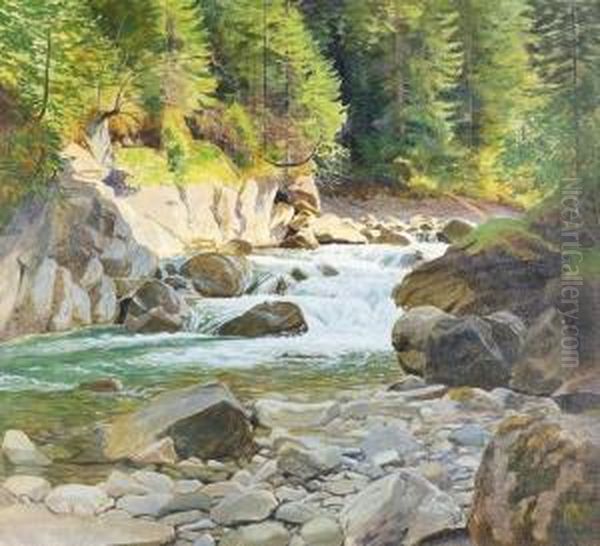 Sommerlicher Wald Mit Sprudelndem Wildbach. Oil Painting by Plinio Colombi