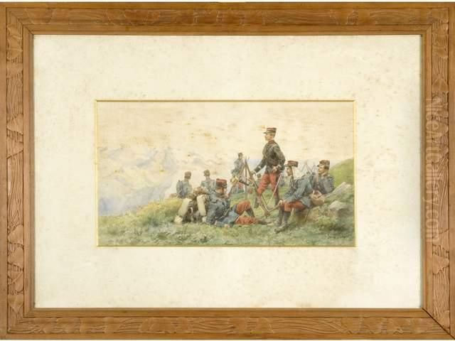 P. . Bivouac Dans Les Alpes. 
Aquarelle Signee Enbas A Droite. 26 Cm X 46 Cm . Dans Un Cadre Art 
Nouveausculpte De Feuillage Oil Painting by Pierre Comba