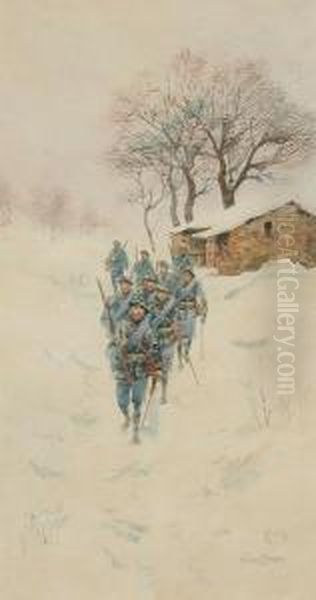 Soldiers Marching Through A 
Winter Landscape, And Another: Soldiers At The Foot Of A Mountain Oil Painting by Pierre Comba