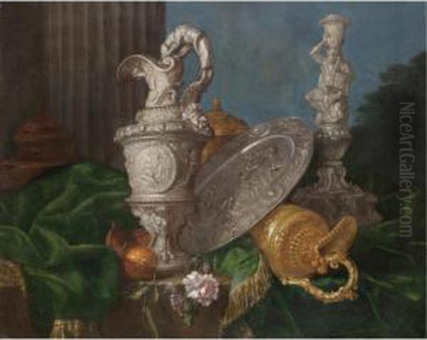 A Still Life With Elaborate 
Silver And Gold Jugs, A Silver Platter Representing The Judgement Of 
Paris, A Candlestick With Hercules And Various Fruit All Arranged On A 
Partly Draped Table Oil Painting by Meiffren (Ephren) Conte (Leconte)