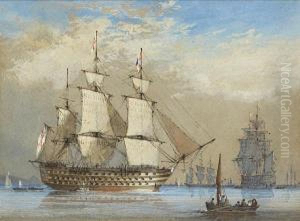 A Large First Rate At Anchor And
 Drying Her Sails, Probably In Plymouth Sound, With Other Ships Of The 
Fleet Beyond Oil Painting by Condy, Nicholas Matthews