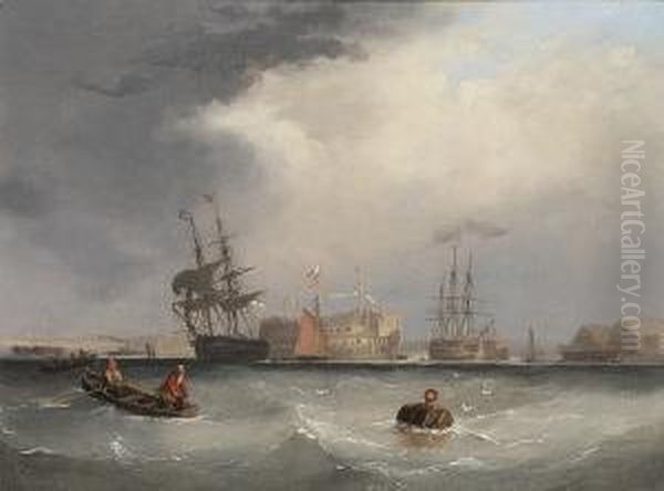 A Royal Navy Brig Departing From
 The Hamoaze With Other Shipping, Including An Ancient Hulk Beyond Oil Painting by Condy, Nicholas Matthews