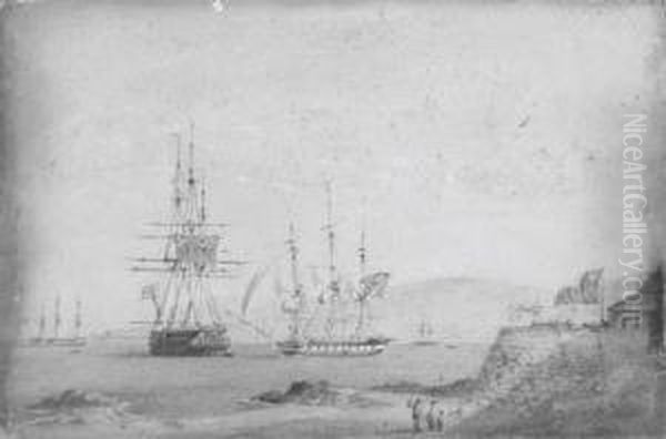 A British Frigate Getting Under 
Way Off A Chilean Fortress, A British Two-decker And A French Frigate 
Anchored Nearby Oil Painting by Condy, Nicholas Matthews
