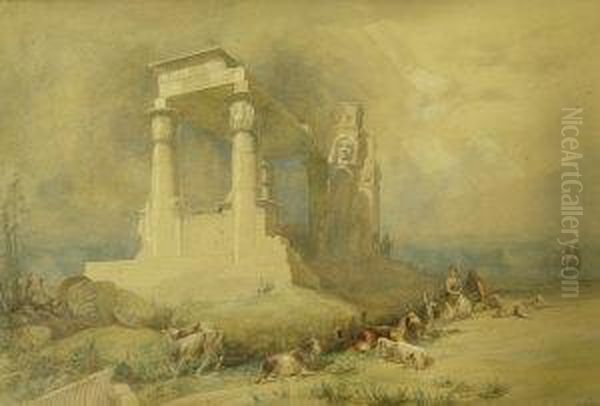 North African Scene, Figures With Goats Resting By A Ruined Monument Oil Painting by Alfred Charles Conrade