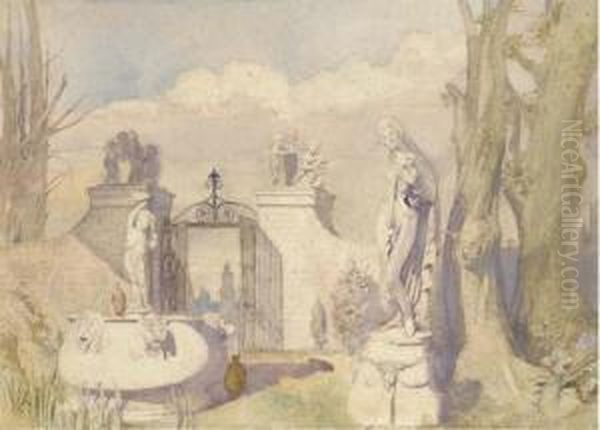 A Fountain Of Cupid Before A Roman Gate In An Italian Garden Oil Painting by Alfred Charles Conrade