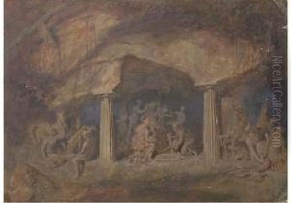Zeus Flanked By Two Muses Before A Temple On An Acropolis Oil Painting by Alfred Charles Conrade
