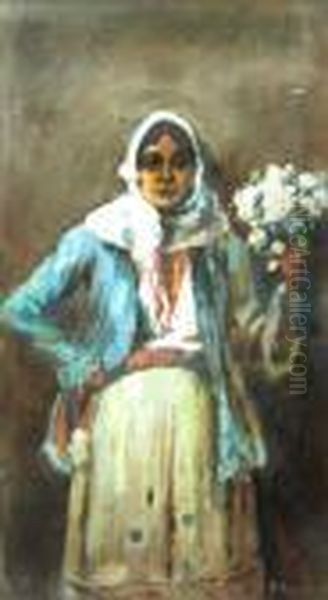 Flower Girl Oil Painting by Pan Constanta