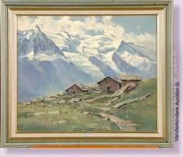 Chalets De Charlanoz Et Le Mont Blanc Oil Painting by Charles Henry Contencin