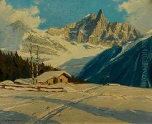 L'aiguille Du Dru, Vue De Prey De Chamonix En Hiver Oil Painting by Charles Henry Contencin