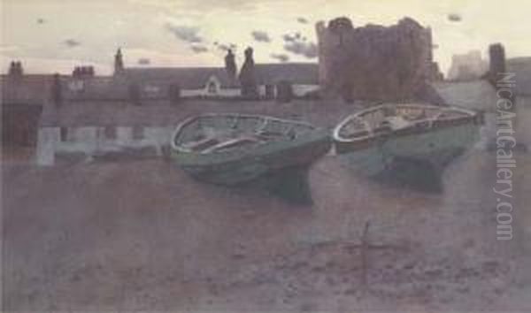 Boats On The Foreshore At Dusk Oil Painting by Hubert Coop