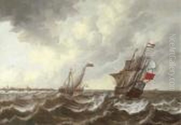 A Dutch Threemaster And Other 
Shipping In A Stiff Breeze With Middelburg, Flushing And Fort Rammekens 
In The Distance Oil Painting by Pieter Jansz. Coopse