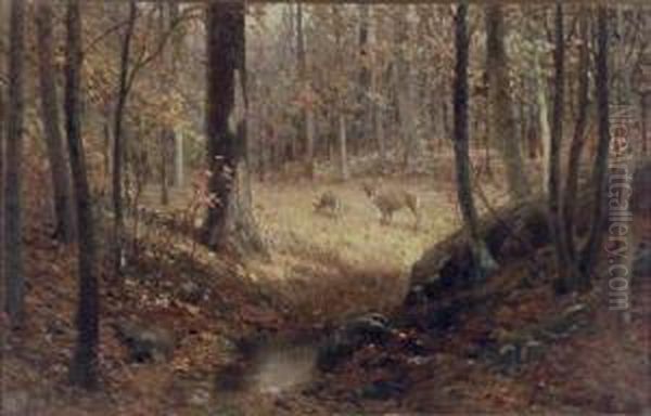 Doe And Fawn Oil Painting by Charles George Copeland