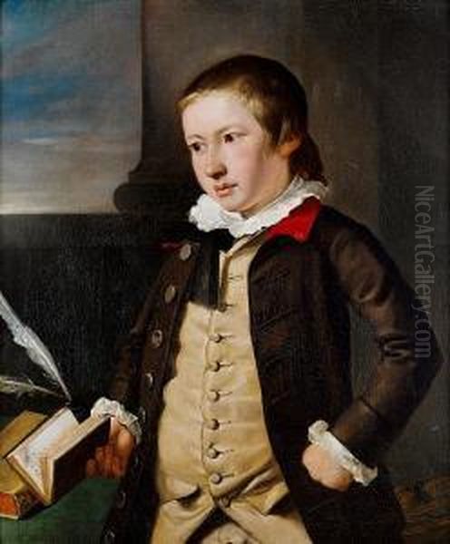 Portrait Of A Boy, Said To Be 
Master Pelham,three-quarter-length, In A Brown Coat And Buff Waistcoat, 
Holding Abook Beside A Writing Desk Oil Painting by John Singleton Copley
