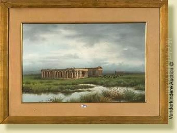 Ruinesdes Temples De Paestum, 
Gouache Sur Papier. Signee En Bas A Gauchea. Coppola. Ecole Italienne. 
Dim.: 39x61 Cm Oil Painting by Antonio Coppola