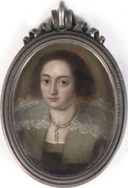 A Young Lady, In Black Dress 
With Lace Collar, Double Strand Beaded Necklace, And A Red Hat In Her 
Hair Oil Painting by Gonzales Cocques