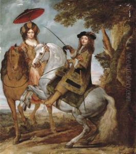 An Equestrian Portrait Of An 
Elegant Gentleman And Lady In A Wooded Landscape, A Village Beyond Oil Painting by Gonzales Cocques