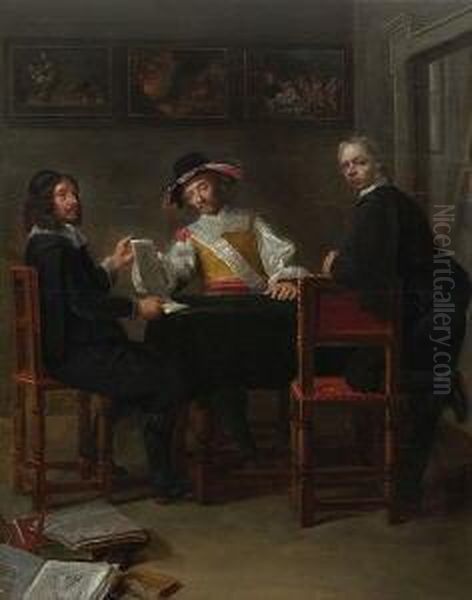 Zwei Kunstliebhaber Zu Besuch Im
 Atelier Eines Kunstlers. Oil Painting by Gonzales Cocques