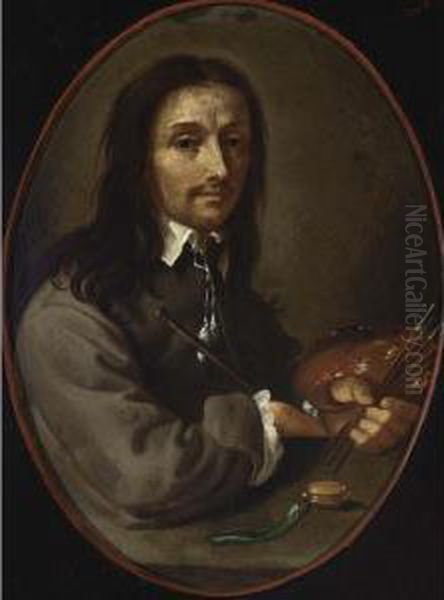 A Portrait Of A Painter, Seated 
Half Length Near A Stone Table, Holding Brushes And A Palette, With A 
Watch In Front Oil Painting by Gonzales Cocques