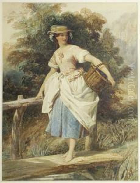 Country Girl On A Wooden 
Footbridge Crossing A Stream Signed, Also Dated 