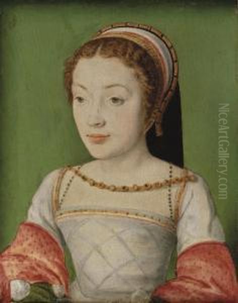 Portrait Of Renee De France 
(1510-1574), Bust-length, In A White Dress With Red Sleeves, With A 
Jewelled Necklace And A Head-dress Oil Painting by Corneille De Lyon