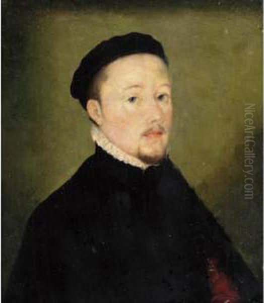 Portrait Of A Man, Bust Length, Wearing A Black Overcoat And A Beret Oil Painting by Corneille De Lyon