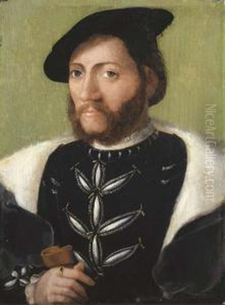 Portrait Of A Bearded Gentleman,
 Half-length, In A Black Velvet Doublet With A Fur-lined Cloak And Black
 Cap, Holding A Glove In His Right Hand Oil Painting by Corneille De Lyon