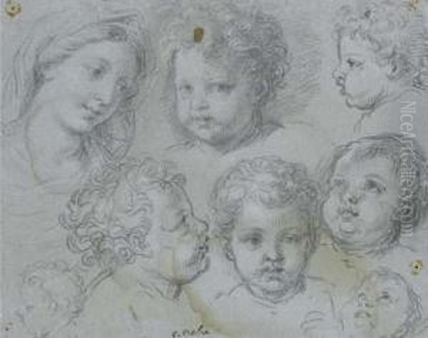 Tetes De Bebes Et D'une Femme Oil Painting by Michel Corneille II