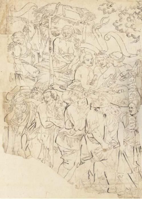 Une Procession Avec Des Hommes Et Des Femmes Tenant Des Instrumentset Portant Une Femme Oil Painting by Michel Corneille II