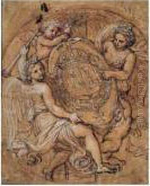 La Renommee Soutenant Un Ecusson Aux Armes De France Et De
 Navarre Oil Painting by Michel Corneille II