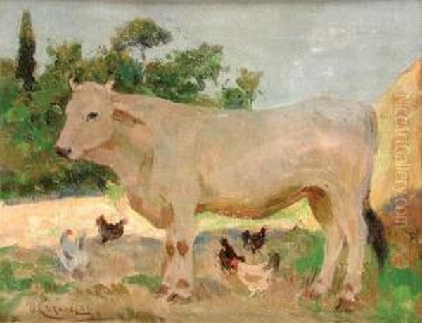 Mucca Con Animali Da Cortile Oil Painting by Umberto Coromaldi