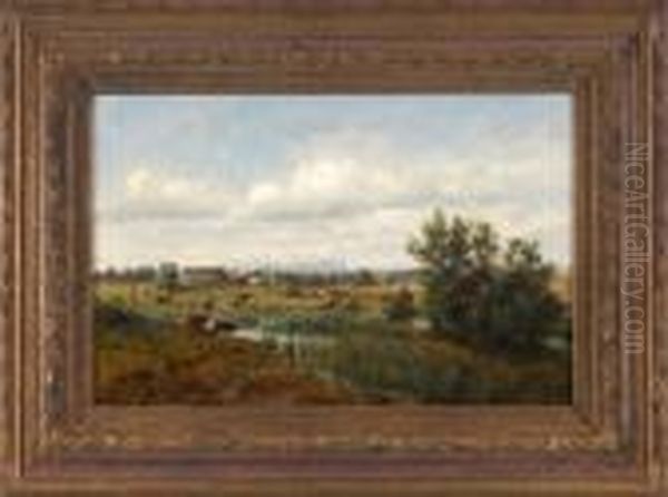 Kuhe Auf Der Weide Vor Einem 
Dorf Im Sommerlichen Dachauer Moos Mit Der Zugspitze Im Hintergrund Oil Painting by Ludwig Correggio