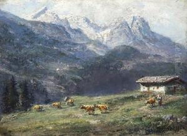 Sennerin Mit Kuhherde Auf Der
 Alm. Oil Painting by Ludwig Correggio