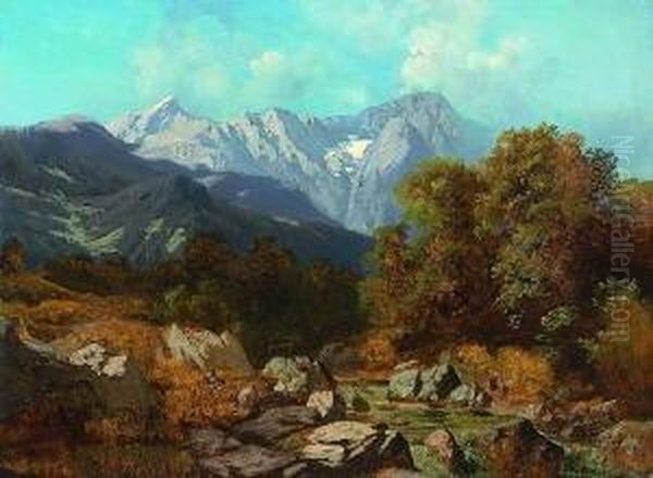 Blick Auf Das Wettersteingebirge
 Mit Der Zugspitze. Oil Painting by Ludwig Correggio