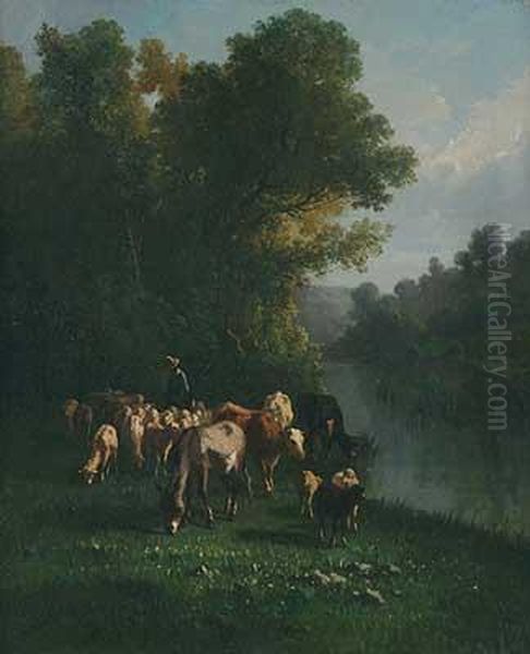 Nachmittagssonne Uber Einer Viehherde An Einer Tranke Oil Painting by Antonio Cordero Cortes