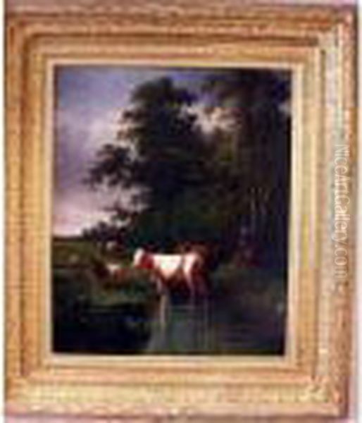 Paysage A La Mare Avec Troupeau Oil Painting by Andres Cortes