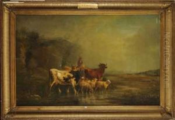 Emmenant Son Troupeau De Vachess'abreuver Oil Painting by Andres Cortes