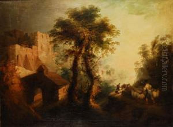 Paisaje Con Pastores Y Rebano Oil Painting by Andres Cortes