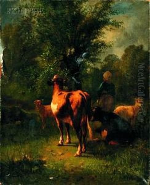 Shepherdess With Cattle And Sheep Oil Painting by Andres Cortes
