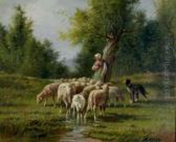 Shepherdess And Her Flock In The Clearing Oil Painting by Andres Cortes